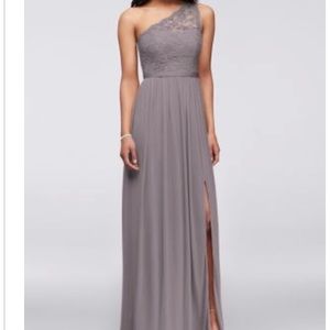 David’s Bridal long gray one shoulder dress